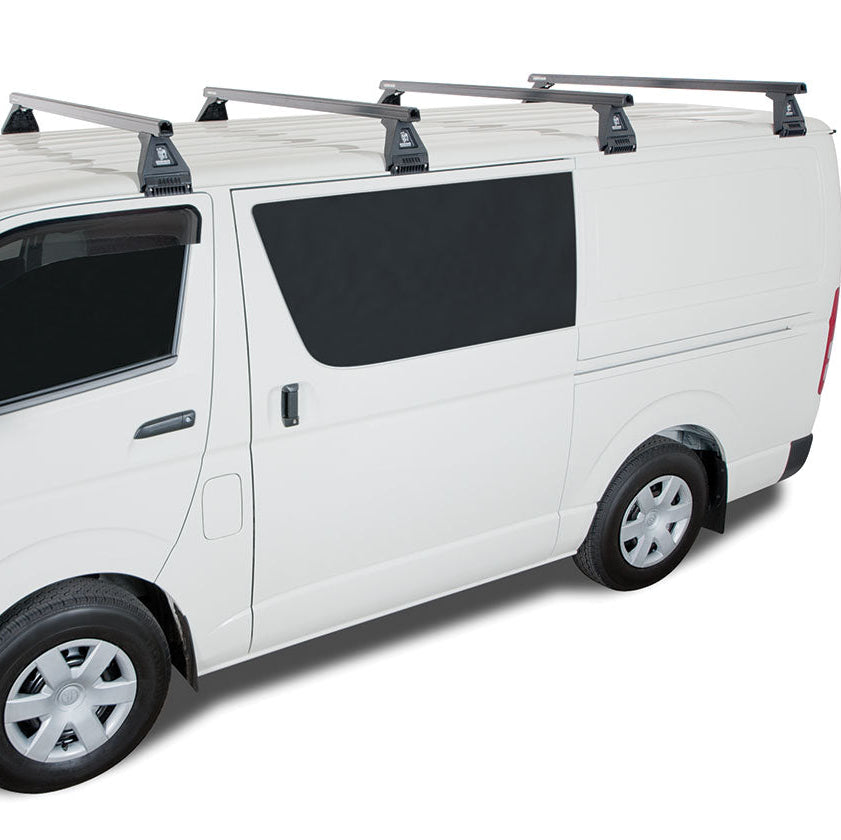 White van with a roof rack on a white background