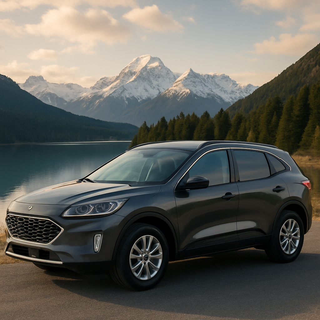 Dark metallic gray SUV parked beside a mountain lake with snow-capped peaks and evergreen forest — ideal for banner use showcasing Thule roof rack compatibility in New Zealand.
