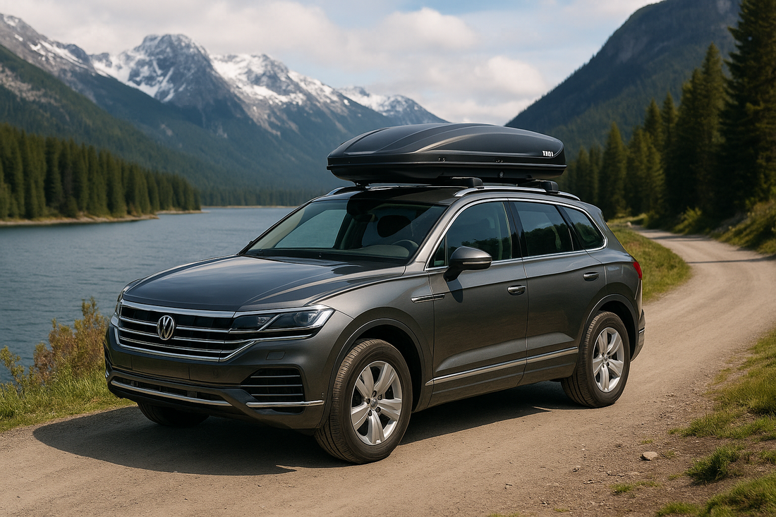 Volkswagen Touareg SUV with a Thule roof box parked beside a mountain lake, ideal for showcasing fuel-efficient roof box options in New Zealand.