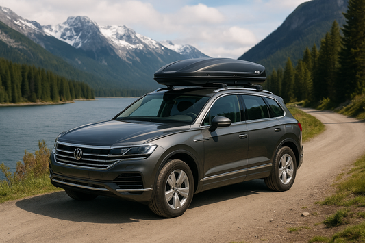 Volkswagen Touareg SUV with a Thule roof box parked beside a mountain lake, ideal for showcasing fuel-efficient roof box options in New Zealand.
