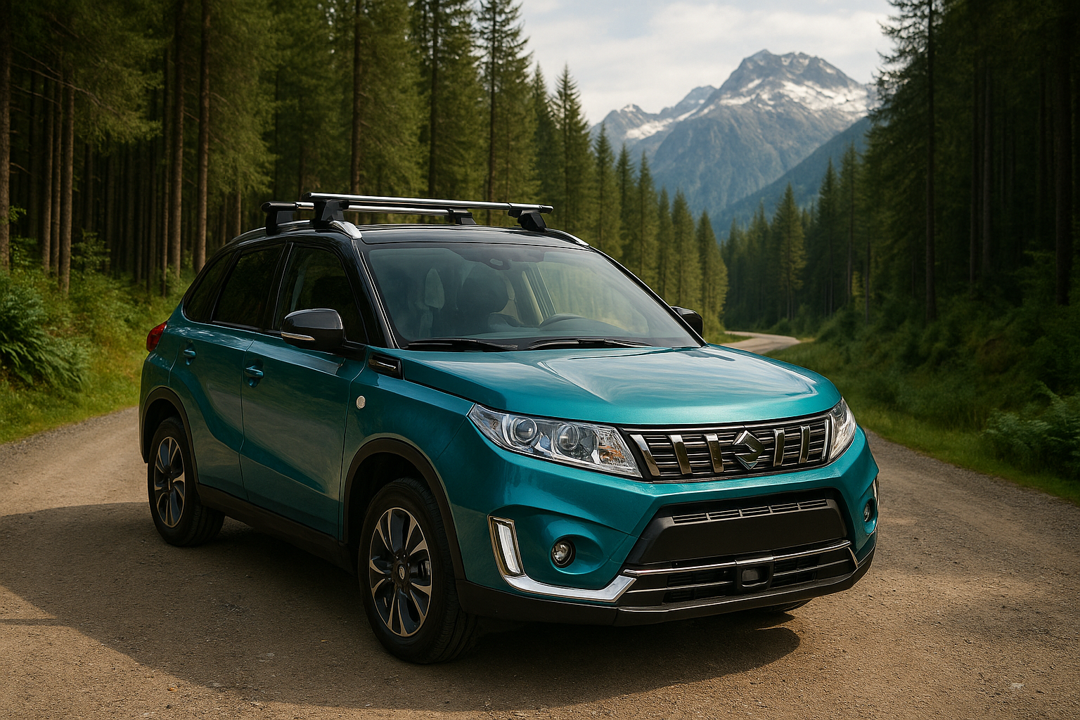 Suzuki Vitara with Thule roof racks parked on a forest road with mountain views — ideal visual for showcasing the best-rated Thule roof rack options in New Zealand.