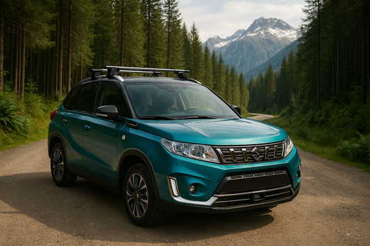 Suzuki Vitara with Thule roof racks parked on a forest road with mountain views — ideal visual for showcasing the best-rated Thule roof rack options in New Zealand.