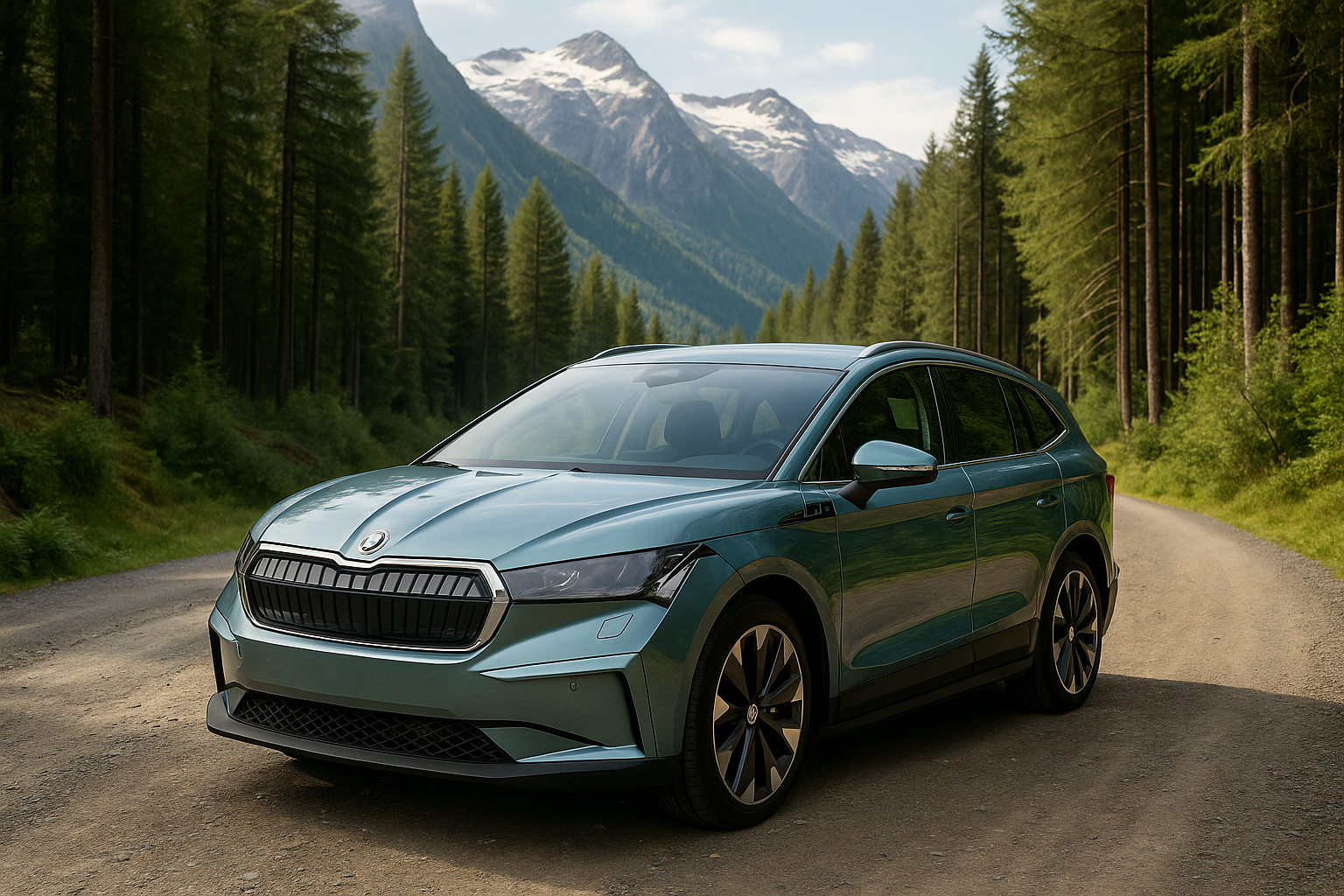 Škoda Enyaq iV electric SUV parked on a gravel road in a forested mountain setting — clean roof design ideal for showcasing compatible Thule roof rack options in New Zealand.