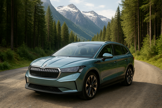 Škoda Enyaq iV electric SUV parked on a gravel road in a forested mountain setting — clean roof design ideal for showcasing compatible Thule roof rack options in New Zealand.
