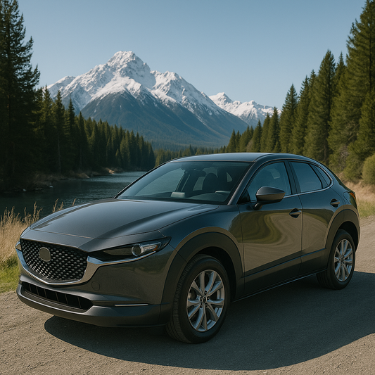 Metallic gray crossover SUV parked beside a mountain river with snow-covered peaks and pine forest — perfect lifestyle image for showcasing roof rack fitment in New Zealand.