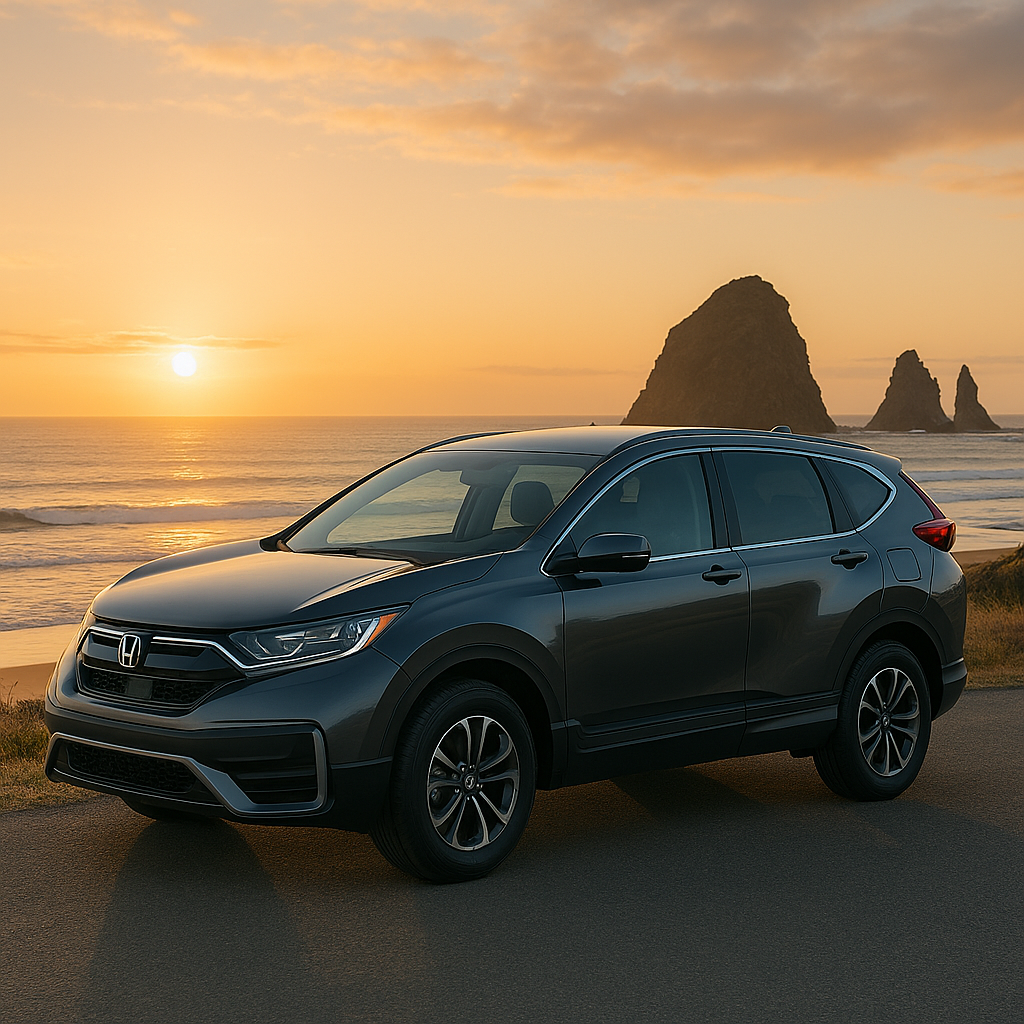 Metallic gray SUV parked along a coastal road at sunset with sea stacks and golden sky in the background — ideal lifestyle image for roof rack compatibility in New Zealand.