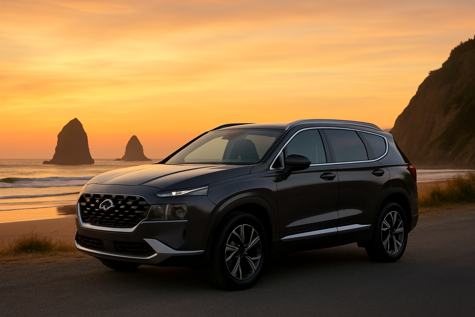 Dark gray SUV parked on a coastal road at sunset with sea stacks, golden sky, and gentle waves in the background — perfect banner image for showcasing Thule roof rack compatibility in New Zealand.