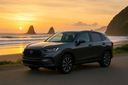 Dark gray compact SUV parked on a coastal road at sunset with sea stacks and golden sky in the background — clean-roof banner image ideal for showcasing Thule roof rack compatibility in New Zealand.