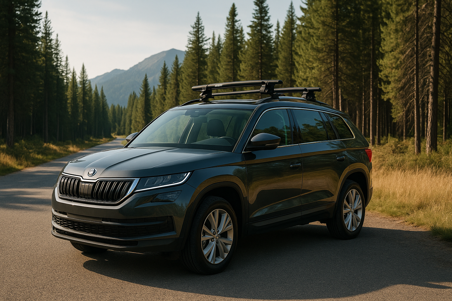 Škoda Kodiaq SUV fitted with Thule roof racks, parked on a forest road with mountain views — ideal visual for high-rated Thule rack options in New Zealand.