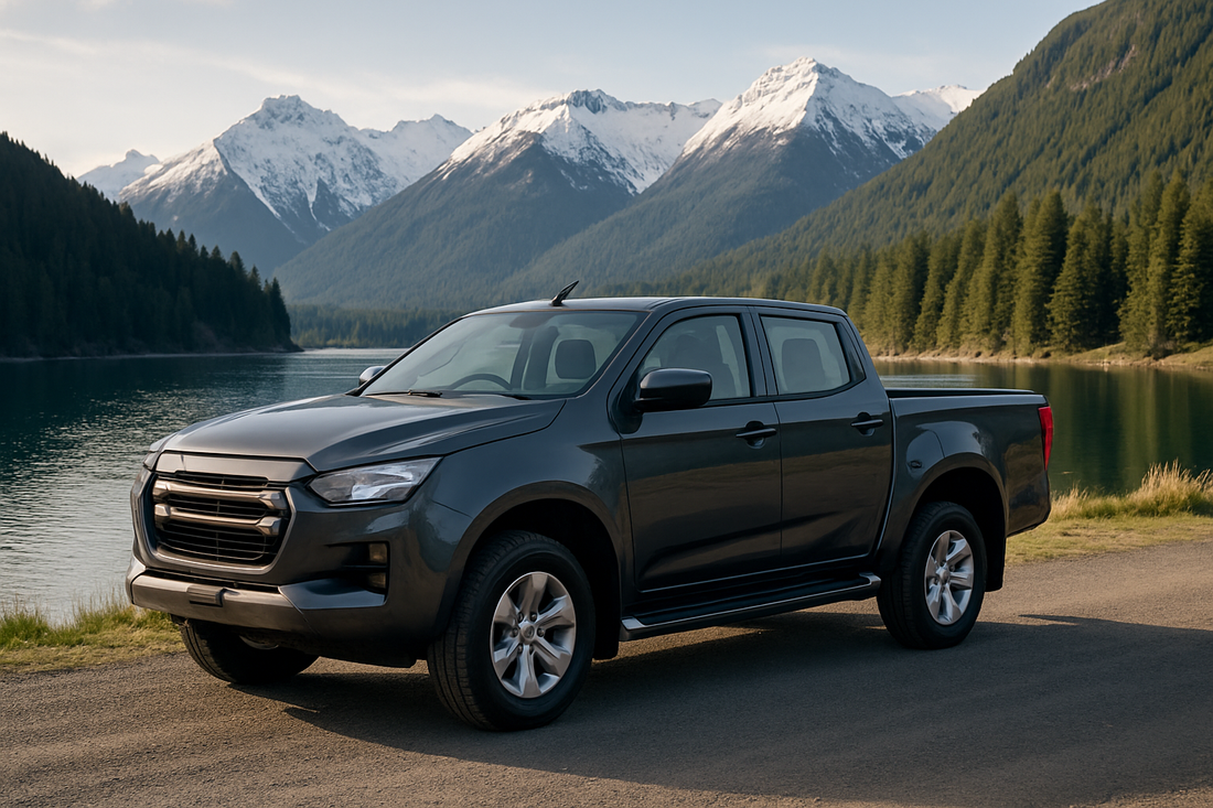 Dark gray double-cab ute parked beside a mountain lake with snowy peaks and evergreen forest — ideal scenic banner image for Rhino-Rack roof rack compatibility in New Zealand.
