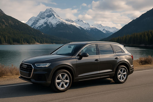 Dark gray SUV parked beside a mountain lake with snow-capped peaks and pine-covered hills — clean-roof banner image ideal for Thule roof rack compatibility in New Zealand.
