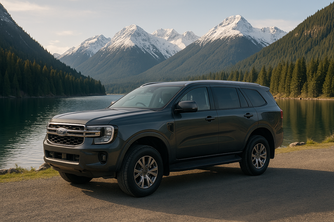 Dark gray SUV parked beside a calm alpine lake with snow-capped mountains and pine forest — ideal scenic banner image for Rhino-Rack roof rack compatibility in New Zealand.
