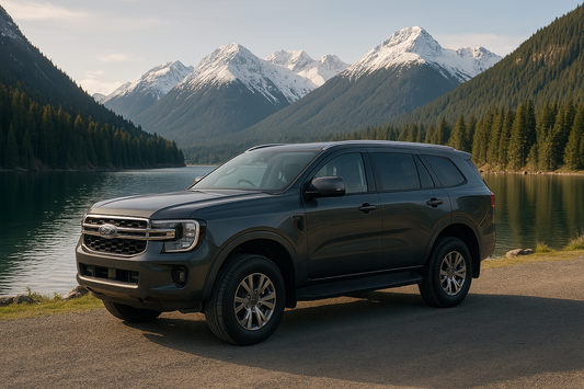 Dark gray SUV parked beside a calm alpine lake with snow-capped mountains and pine forest — ideal scenic banner image for Rhino-Rack roof rack compatibility in New Zealand.