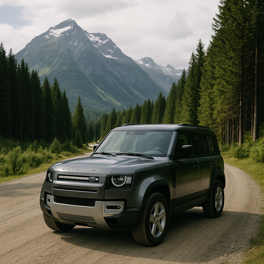 Land Rover Defender parked on a remote gravel road surrounded by forest and mountains — perfect for showcasing rugged Thule roof rack options in New Zealand.