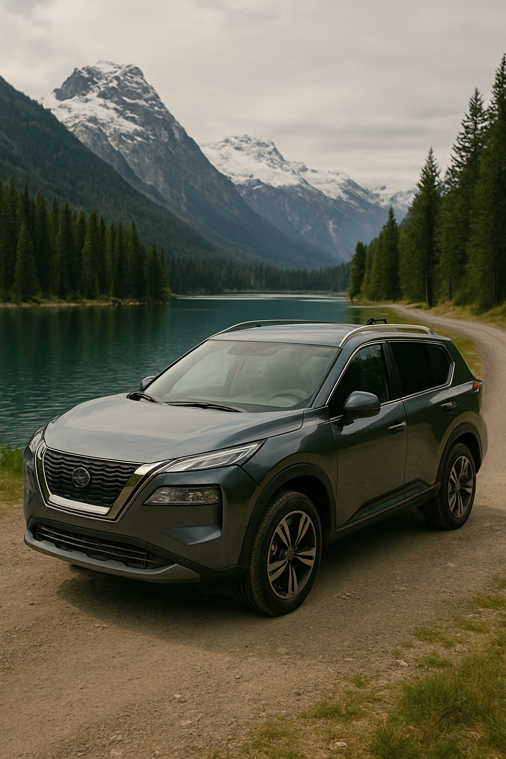 Metallic gray SUV parked on a mountain road beside a tranquil lake, with snowy peaks and pine forest in the background — ideal visual for promoting Thule roof rack compatibility in New Zealand.