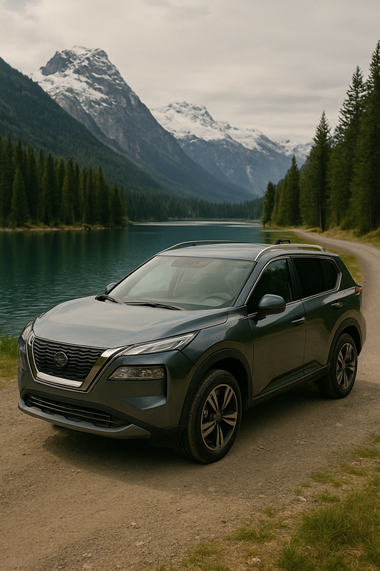 Metallic gray SUV parked on a mountain road beside a tranquil lake, with snowy peaks and pine forest in the background — ideal visual for promoting Thule roof rack compatibility in New Zealand.