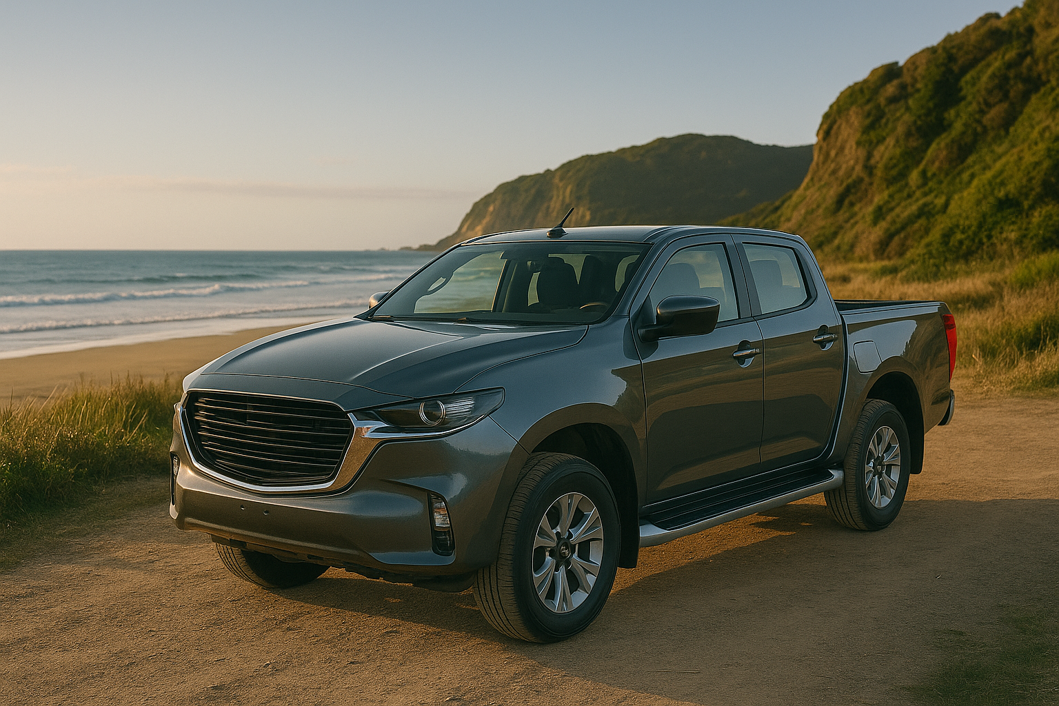 Metallic gray pickup truck parked by a coastal beach at sunset, with rugged cliffs and ocean waves in the background — ideal for highlighting Thule roof rack compatibility in New Zealand.