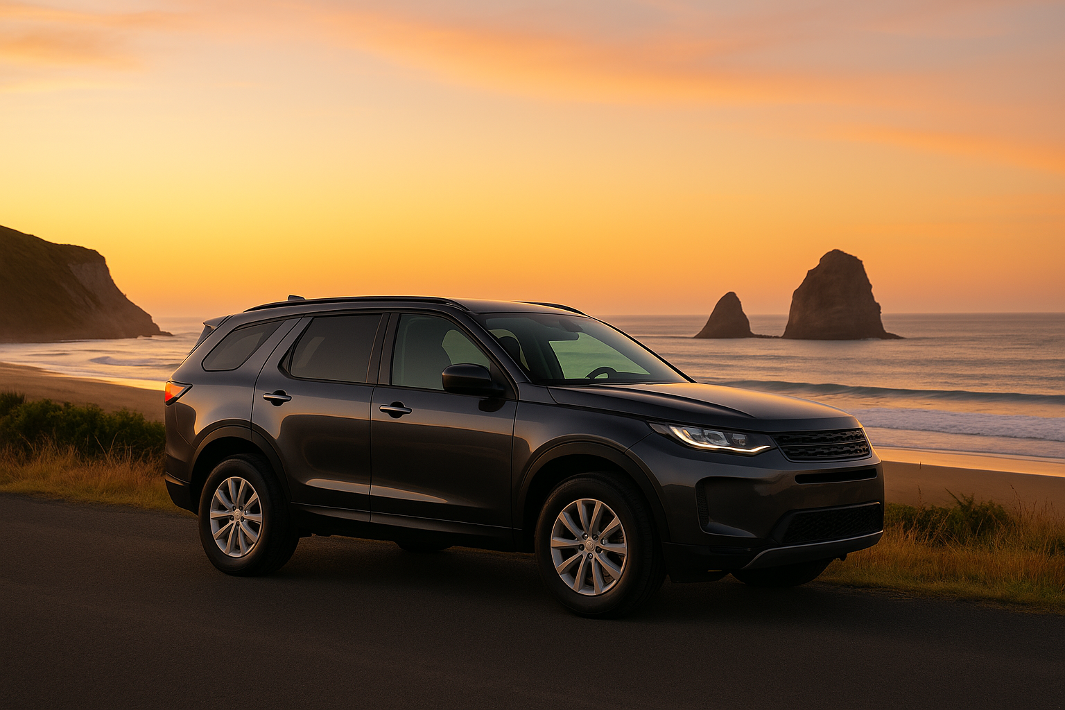 Dark gray SUV parked along a coastal road at sunset with sea stacks and a glowing sky — clean-roof banner image ideal for showcasing Thule roof rack compatibility in New Zealand.