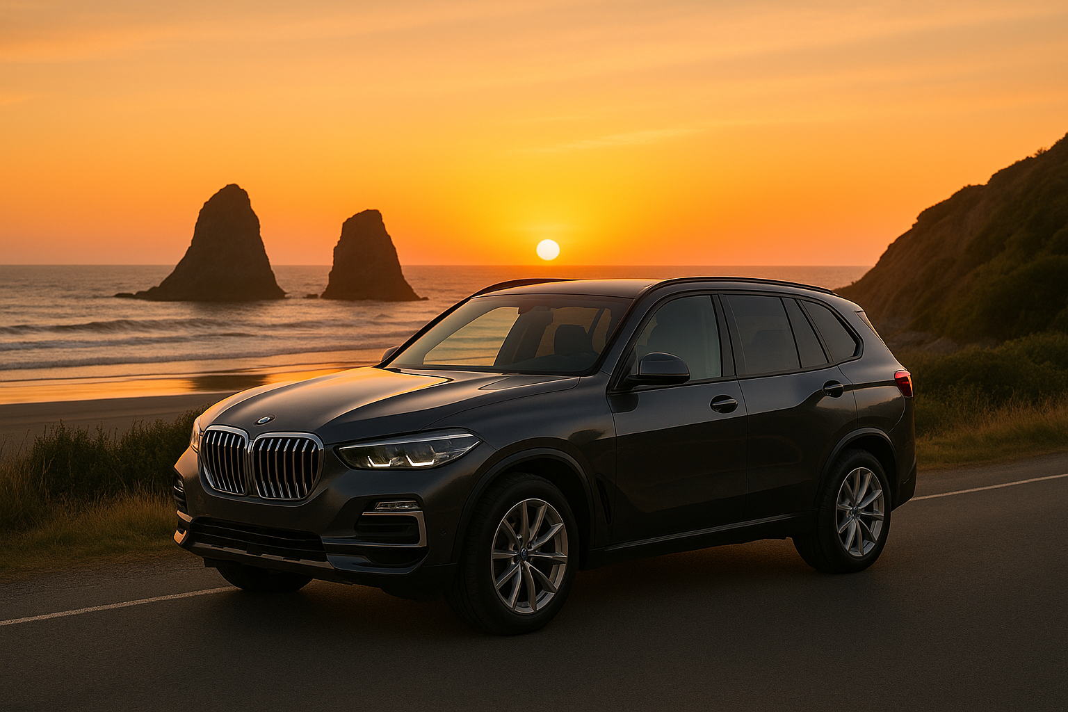 Dark gray luxury SUV parked along a coastal highway at sunset with sea stacks and a glowing sky — ideal banner image for Thule roof rack compatibility in New Zealand.
