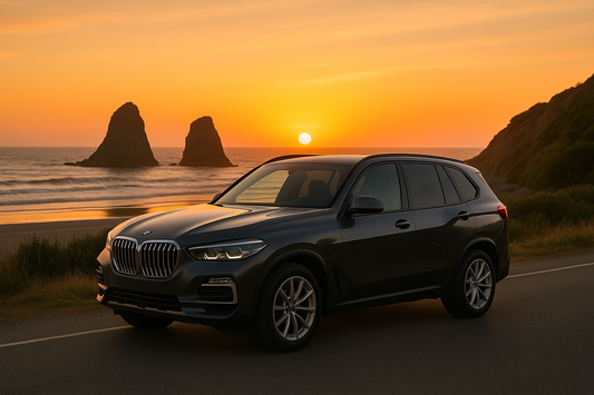 Dark gray luxury SUV parked along a coastal highway at sunset with sea stacks and a glowing sky — ideal banner image for Thule roof rack compatibility in New Zealand.