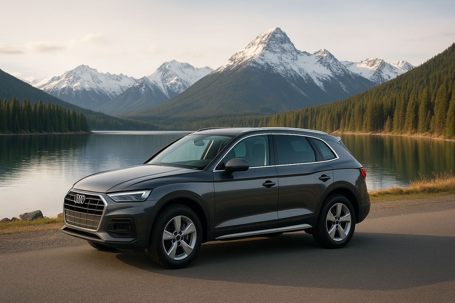 Dark gray SUV parked beside a still mountain lake with snowy peaks and pine forest — ideal banner image for showcasing Thule roof rack compatibility in New Zealand.