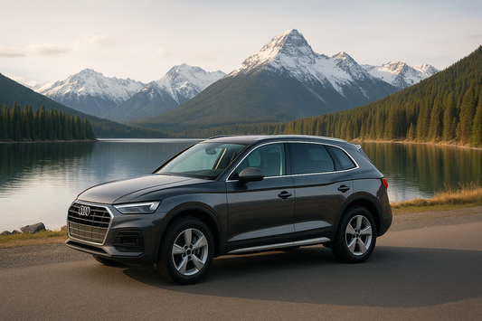 Dark gray SUV parked beside a still mountain lake with snowy peaks and pine forest — ideal banner image for showcasing Thule roof rack compatibility in New Zealand.