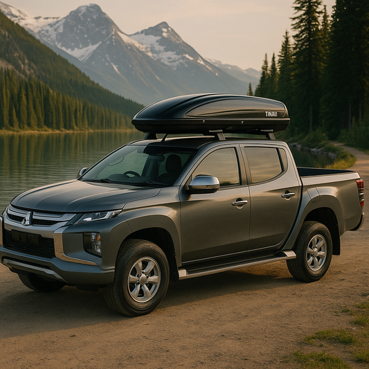 Metallic gray dual-cab ute parked beside a mountain lake with snow-covered peaks and pine trees in the background — ideal for showcasing roof rack compatibility in New Zealand.