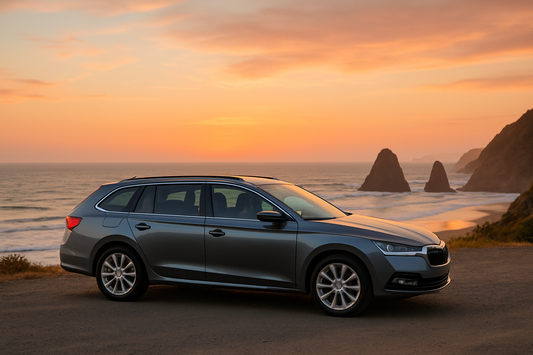 Metallic gray station wagon parked at a beachside lookout during sunset, with dramatic sea stacks and golden sky in the background — ideal for banner use showcasing roof rack compatibility in New Zealand.