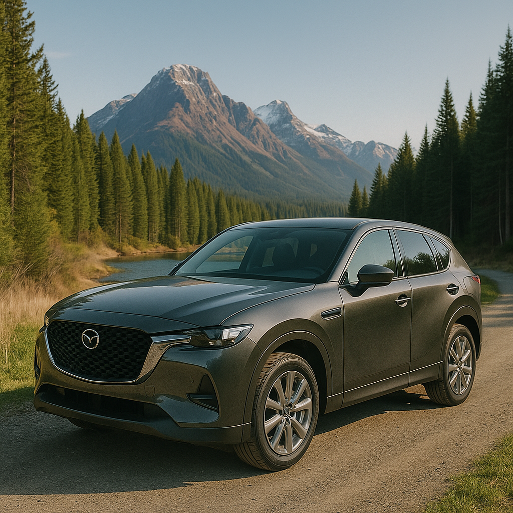 Dark gray SUV parked beside a gravel road with snow-capped mountains and pine forest in the background — perfect setting for showcasing premium roof rack compatibility in New Zealand.