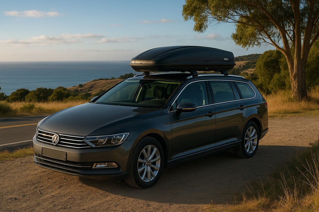 Volkswagen Passat wagon with a Thule roof box parked by the coast at sunset, perfect for highlighting fuel-efficient roof box options in New Zealand.