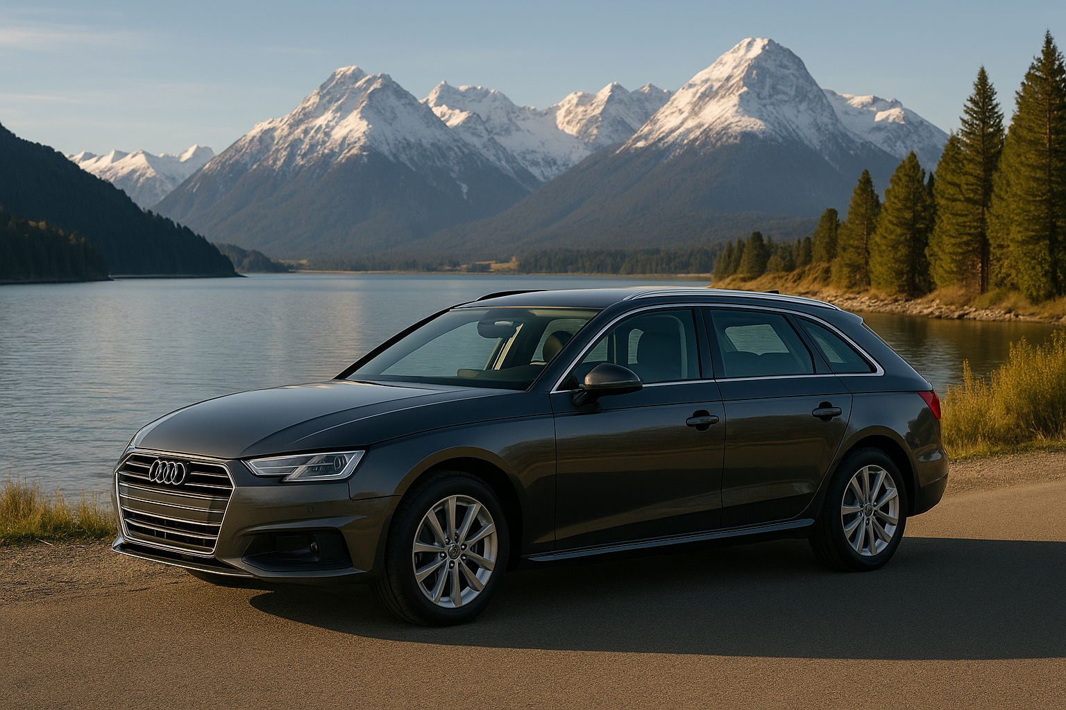 Metallic dark gray station wagon parked by a mountain lake with snowy peaks and pine forest — ideal image for banner use highlighting Thule roof rack compatibility in New Zealand.