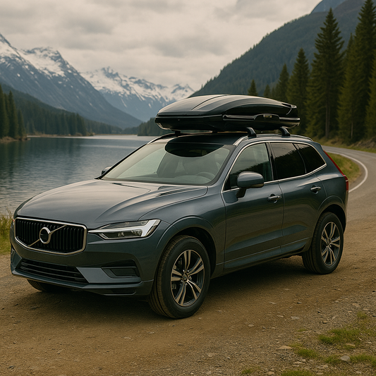 Metallic blue-gray SUV with a roof cargo box parked beside a mountain lake, framed by snowy peaks and pine trees — ideal image for fuel-efficient Thule roof box use in New Zealand.