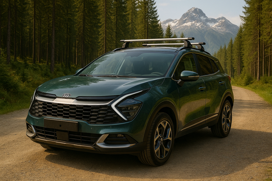 Kia Sportage SUV with Thule roof racks parked on a gravel forest road, set against mountain scenery — ideal for showcasing top-rated roof rack systems for Kiwi drivers.