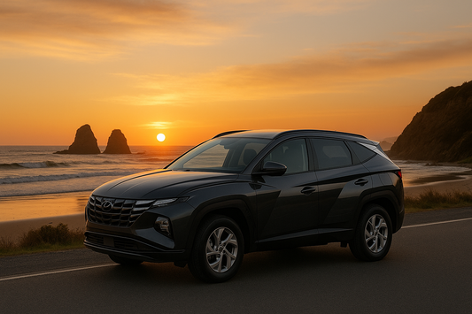 Dark gray SUV parked on a coastal highway at sunset with sea stacks and glowing sky in the background — ideal banner image for Thule roof rack compatibility in New Zealand.