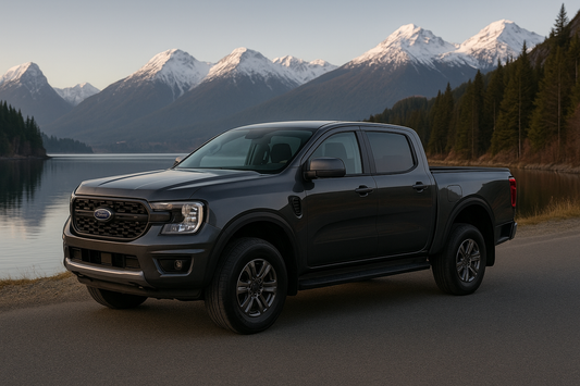 Dark gray dual-cab ute parked beside a calm alpine lake with snow-covered mountains and pine forest — ideal banner image for showcasing Thule roof rack compatibility in New Zealand.