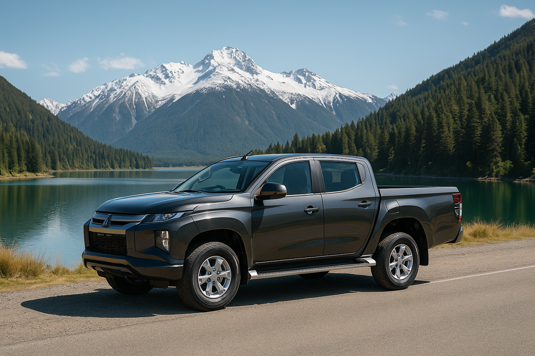 Dark gray dual-cab ute parked beside a mountain lake with snowy peaks and pine forest — clean-roof banner image ideal for Rhino-Rack roof rack compatibility in New Zealand.