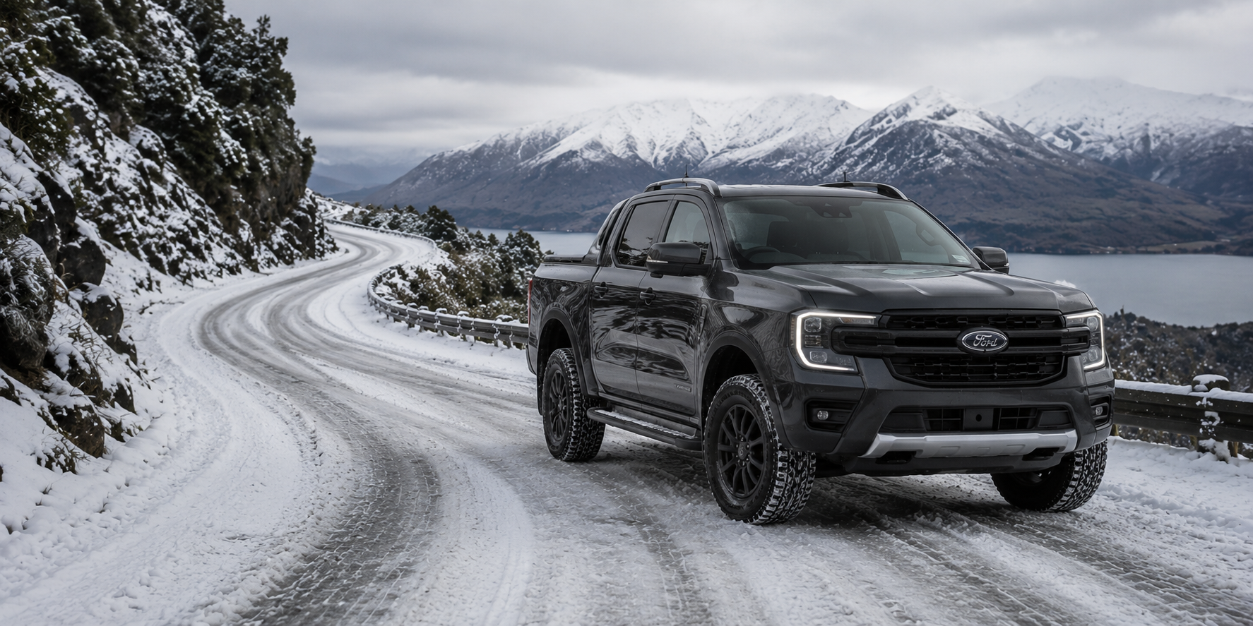 ford ranger on snowy alpine road lake and mountains in background