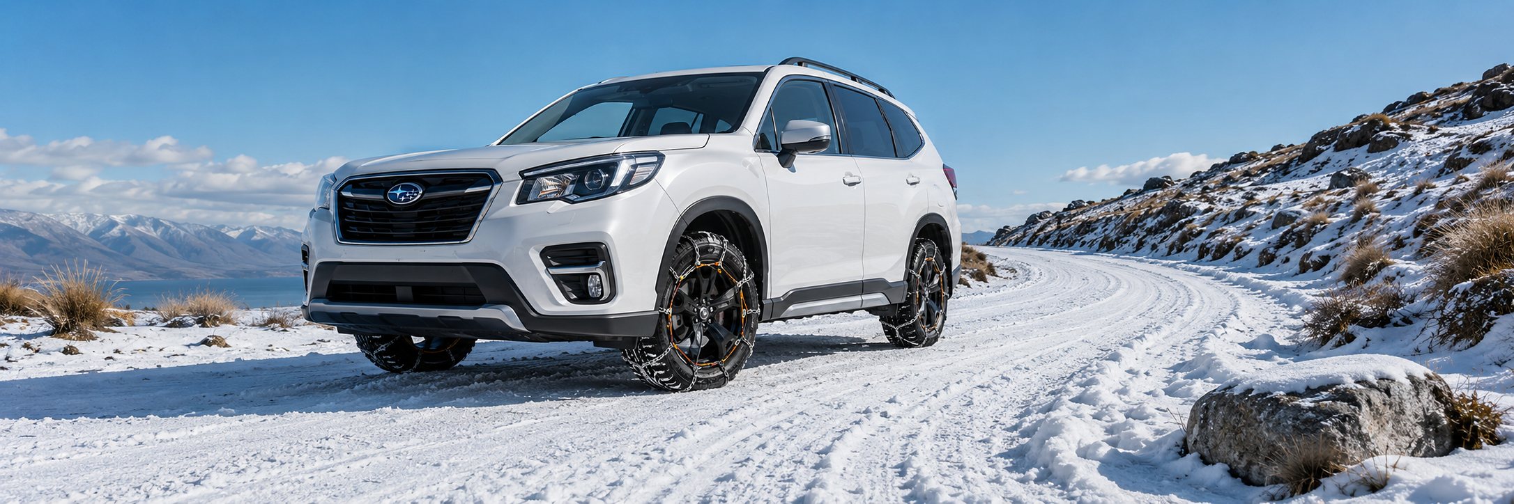subaru forester with konig snow chains on snowy alpine road with tussocks and rocks and lake in the background