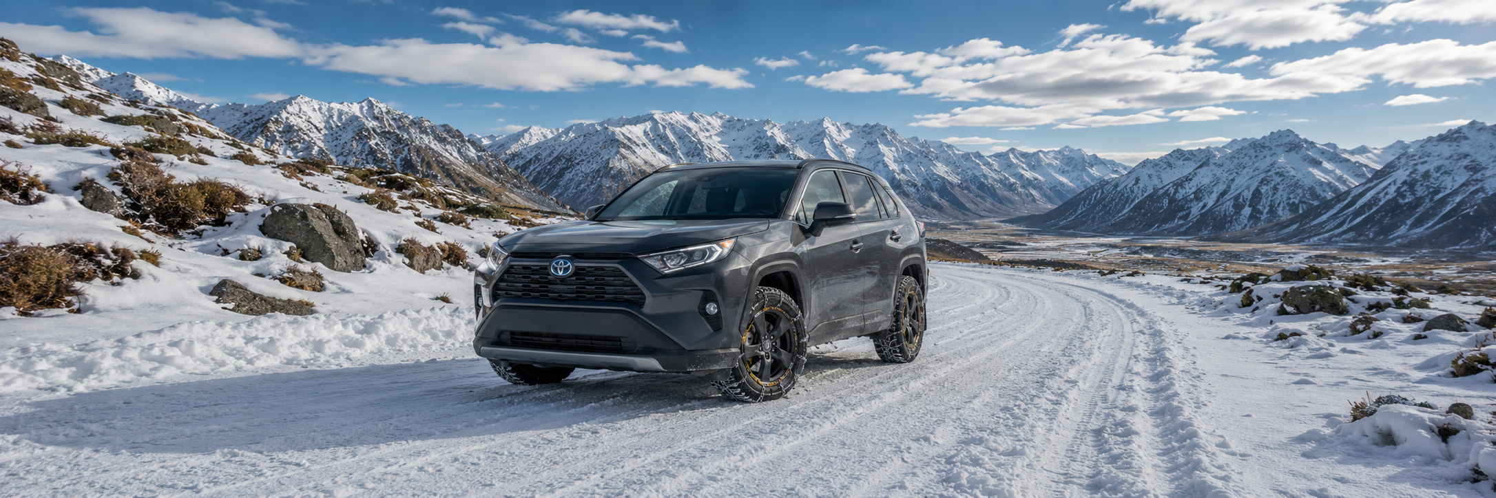 snowy alpine road with Toyota Rav-4 with konig snow chains on tyres