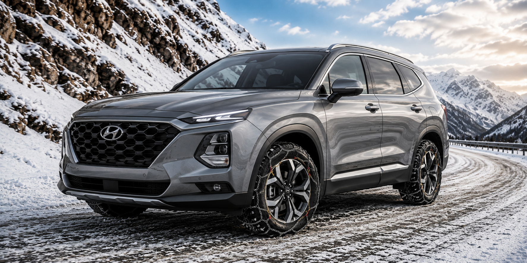 Hyundai Santa Fe with Konig snow chains, on snoey mountain road with tussocks and rocks.