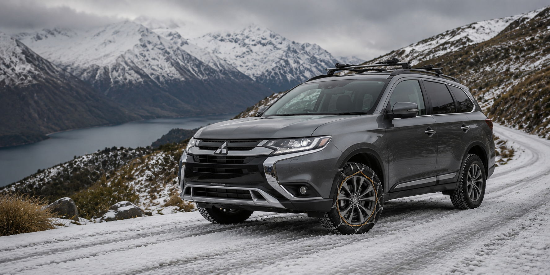 mitsubishi outlander on snowy alpine road with lake in background with konig snow chains on tyres