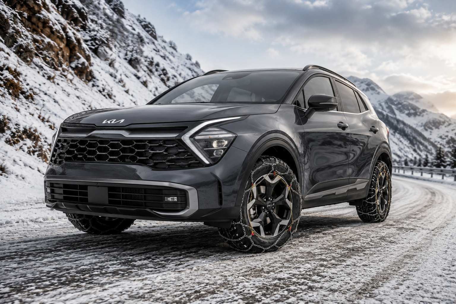 kia sportage on snowy alpine road with konig snow chains. roack and clouds in background