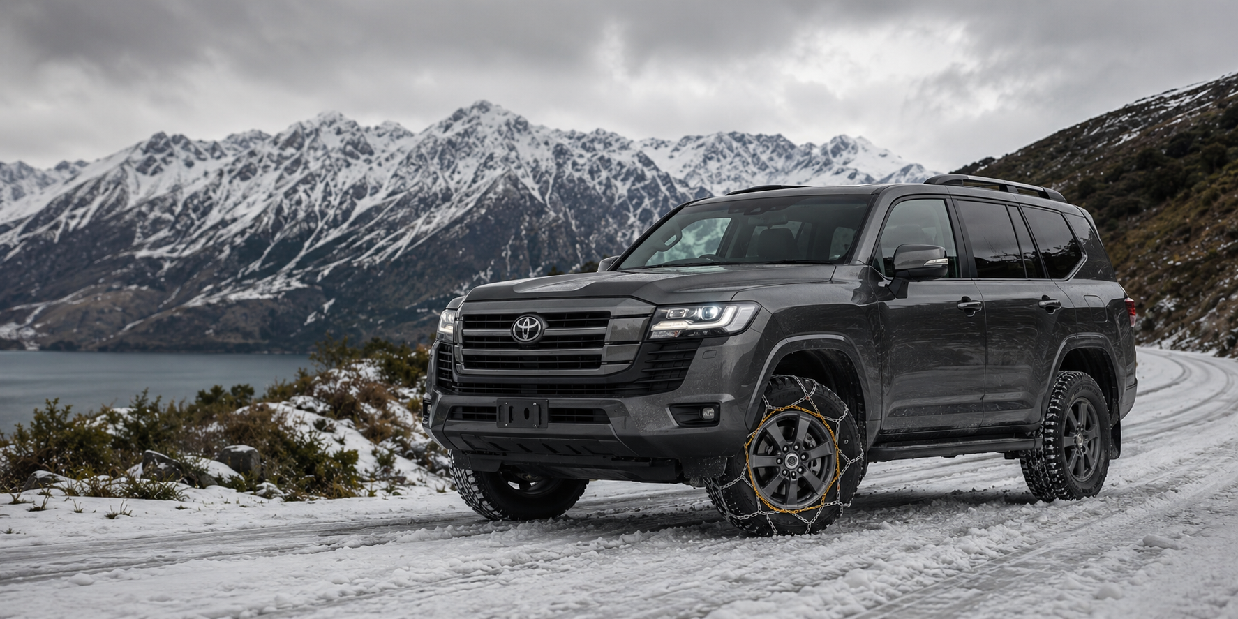 Toyota Landcruiser on snowy alpine road with konig snow chains
