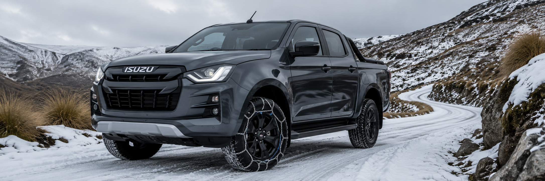 Isuzu D-Max with konig snow chains  on snowy alpine road grey skys with tussocks and rocks