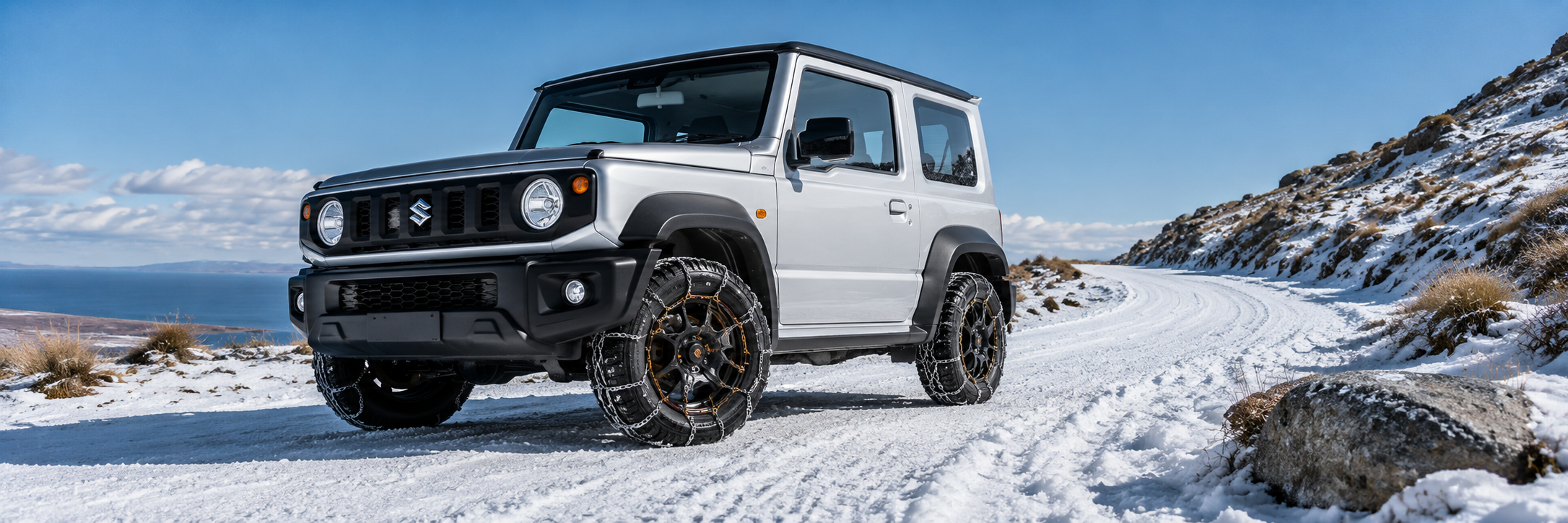 suzuki jimny with konig snow chains on snowy alpine road with lake and tussocks and rocks.