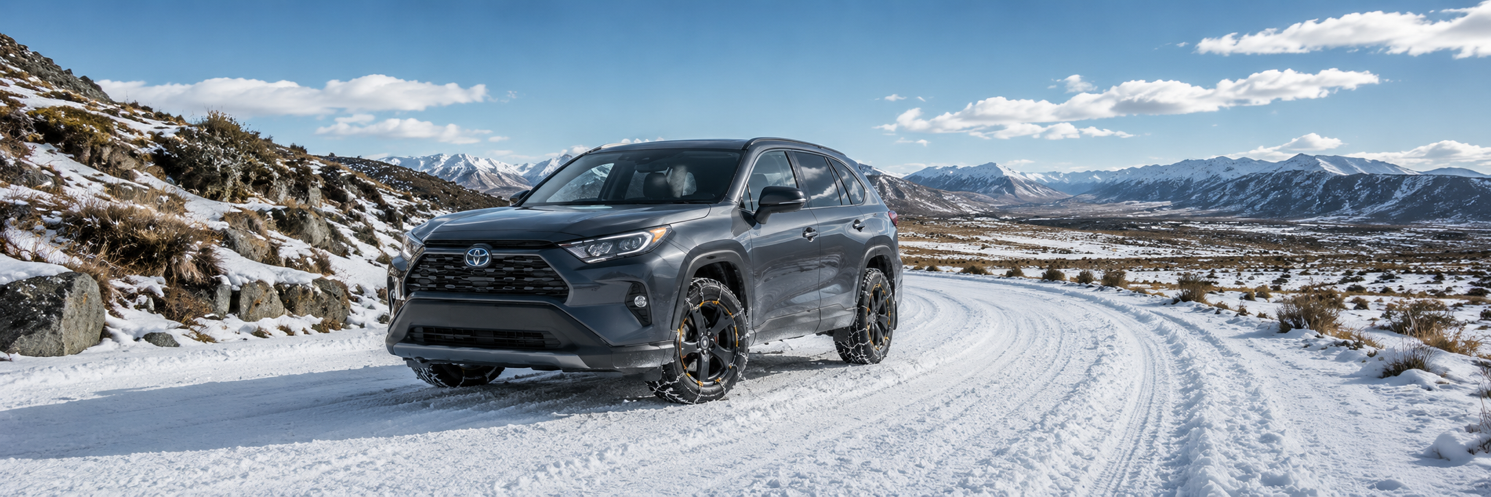 snowy alpine road with tussocks and rocks with konig snow chains