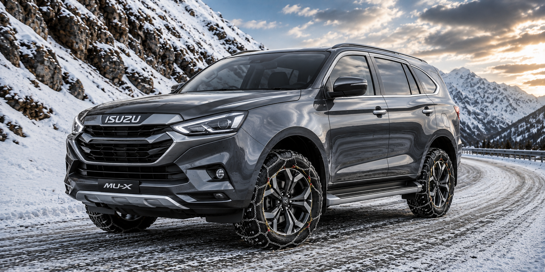 isuzu D-Max with konig snow chains on snowy mountain road. with rocks and clouds
