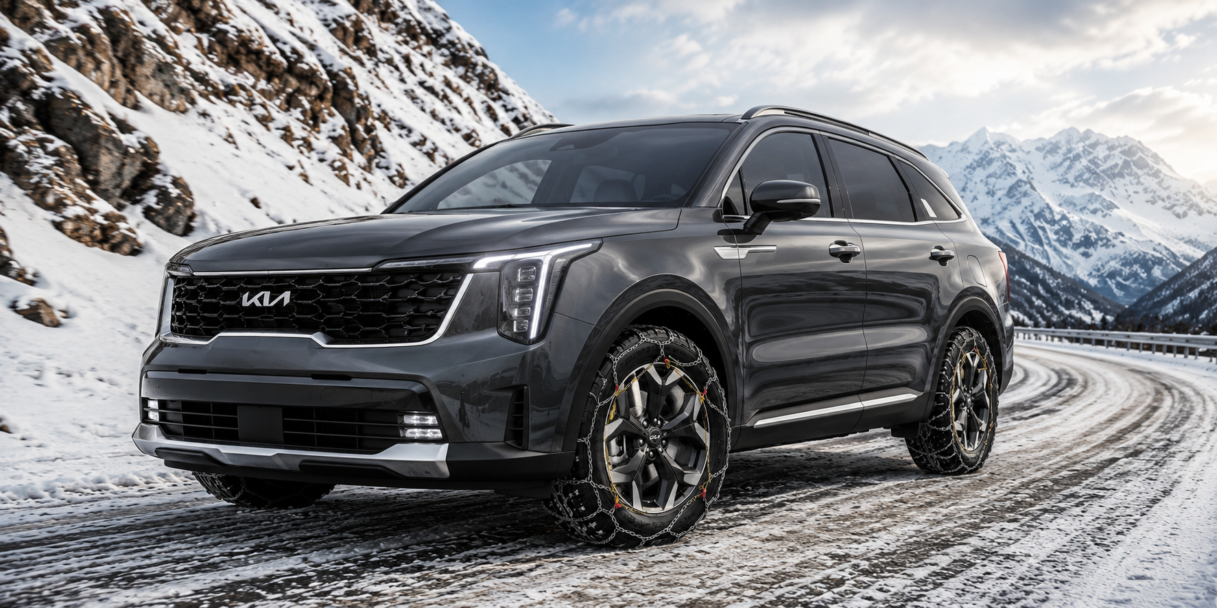 kia sorento with konig snow chains on snowy mountain road, with rocks snow and clouds.