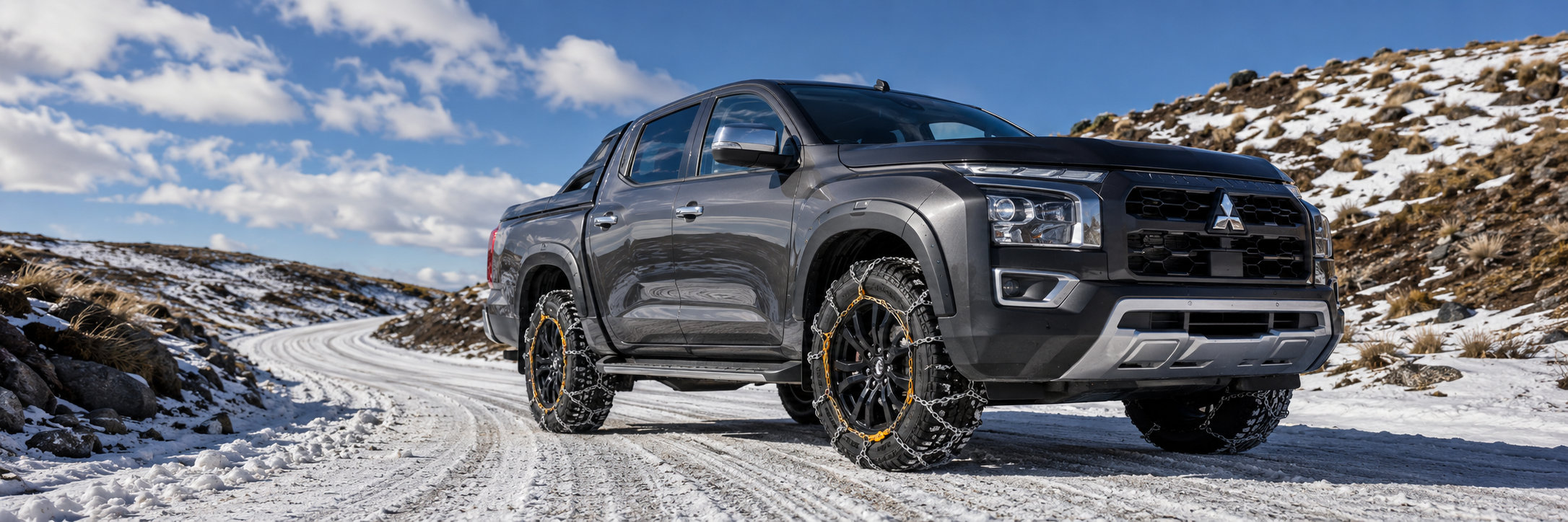 mitsubishi Triton with konig snow chains on snowy alpine road with tussoks and rocks 