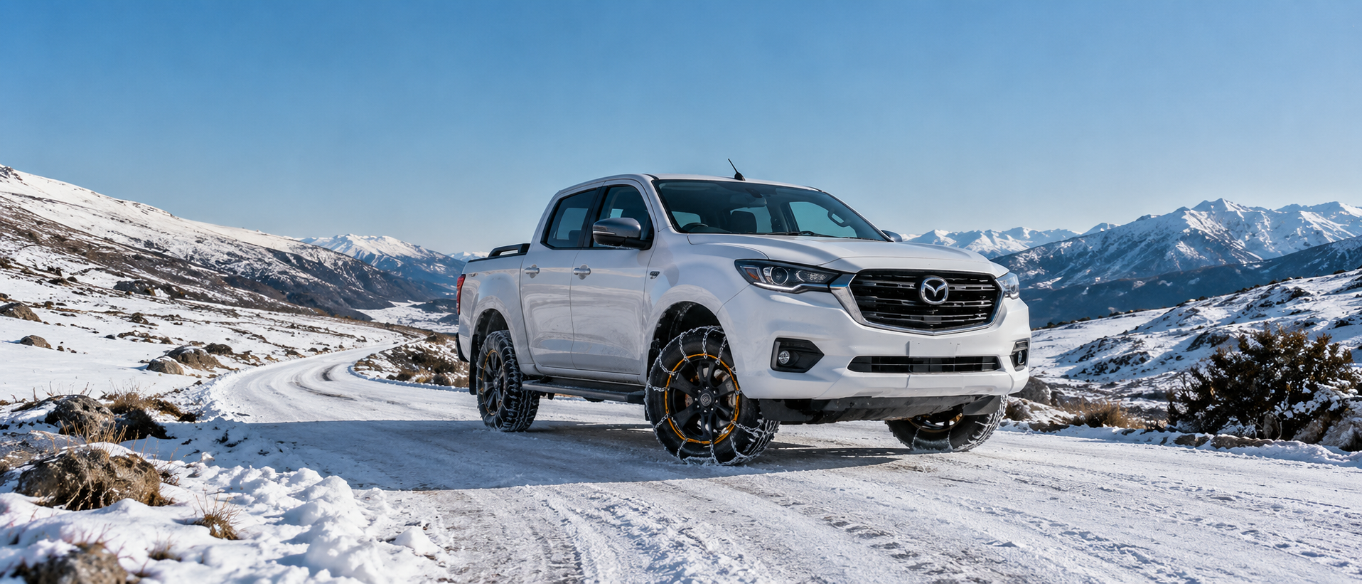 mazda BT-50 with konig snow chains on snowy alpine road  with tussocks and rocks and blue skies 